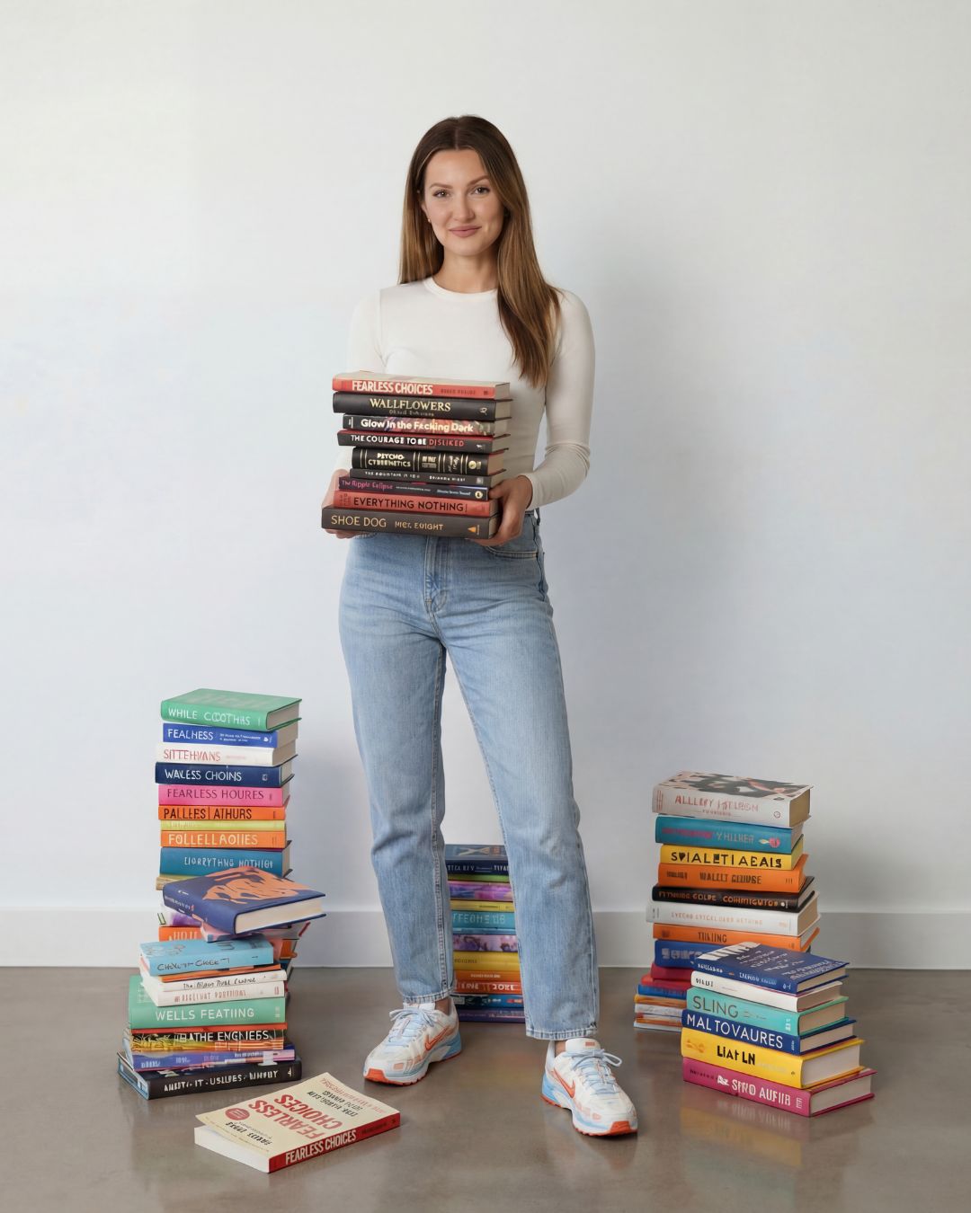 Woman holding a stack of books with more books stacked around her on a plain background