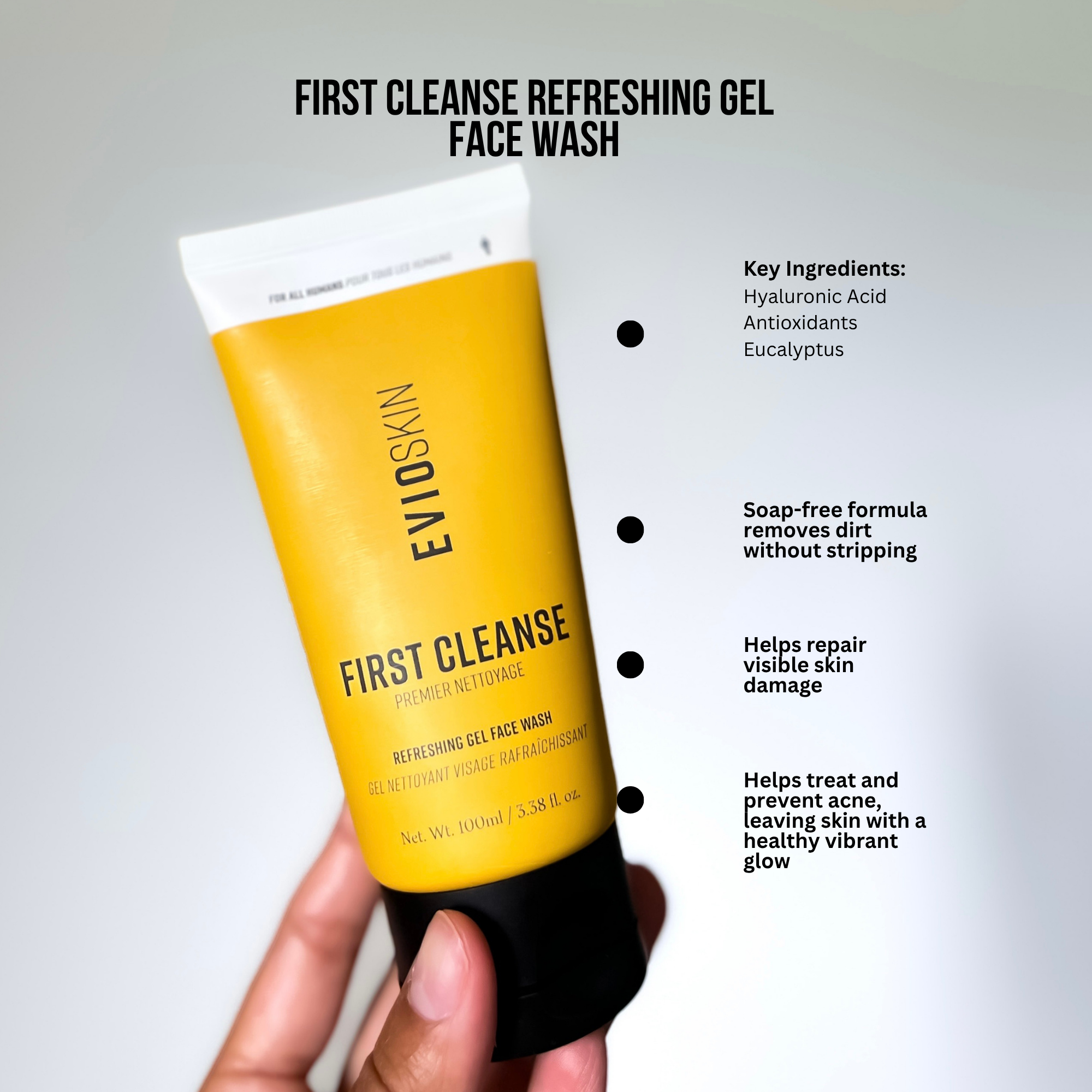 Evio First Cleanse Refreshing Gel Face Wash - soap-free, repair skin damage, with hyaluronic acid, antioxidants and eucalyptus