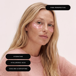 Pink Perspective Hydrogel Eye Therapy on model. Hydrating, cooling and de-puffing formula with hyaluronic acid 