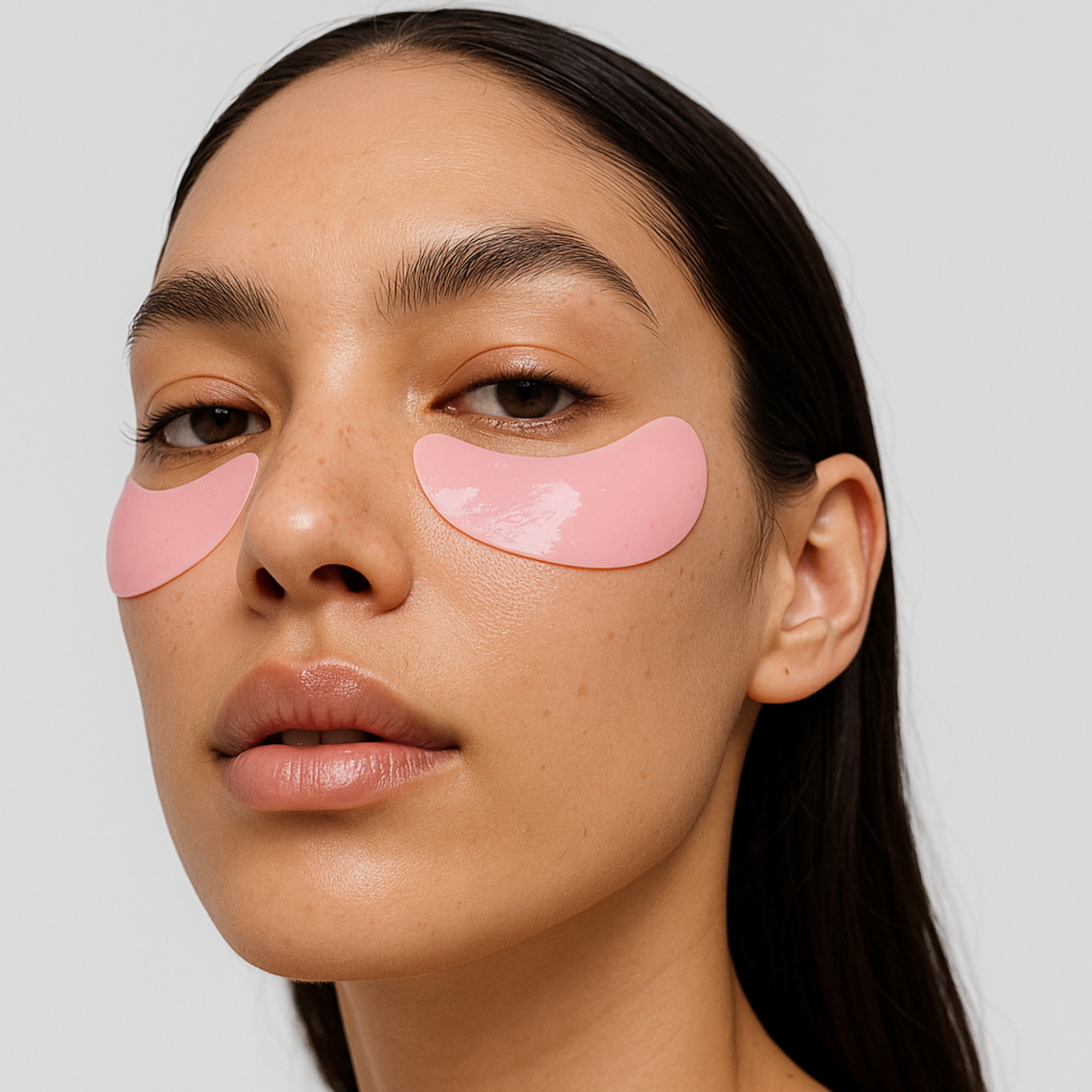 Model wearing Pink Perspective Hydrogel Eye Therapy cooling and de-puffing eye patches