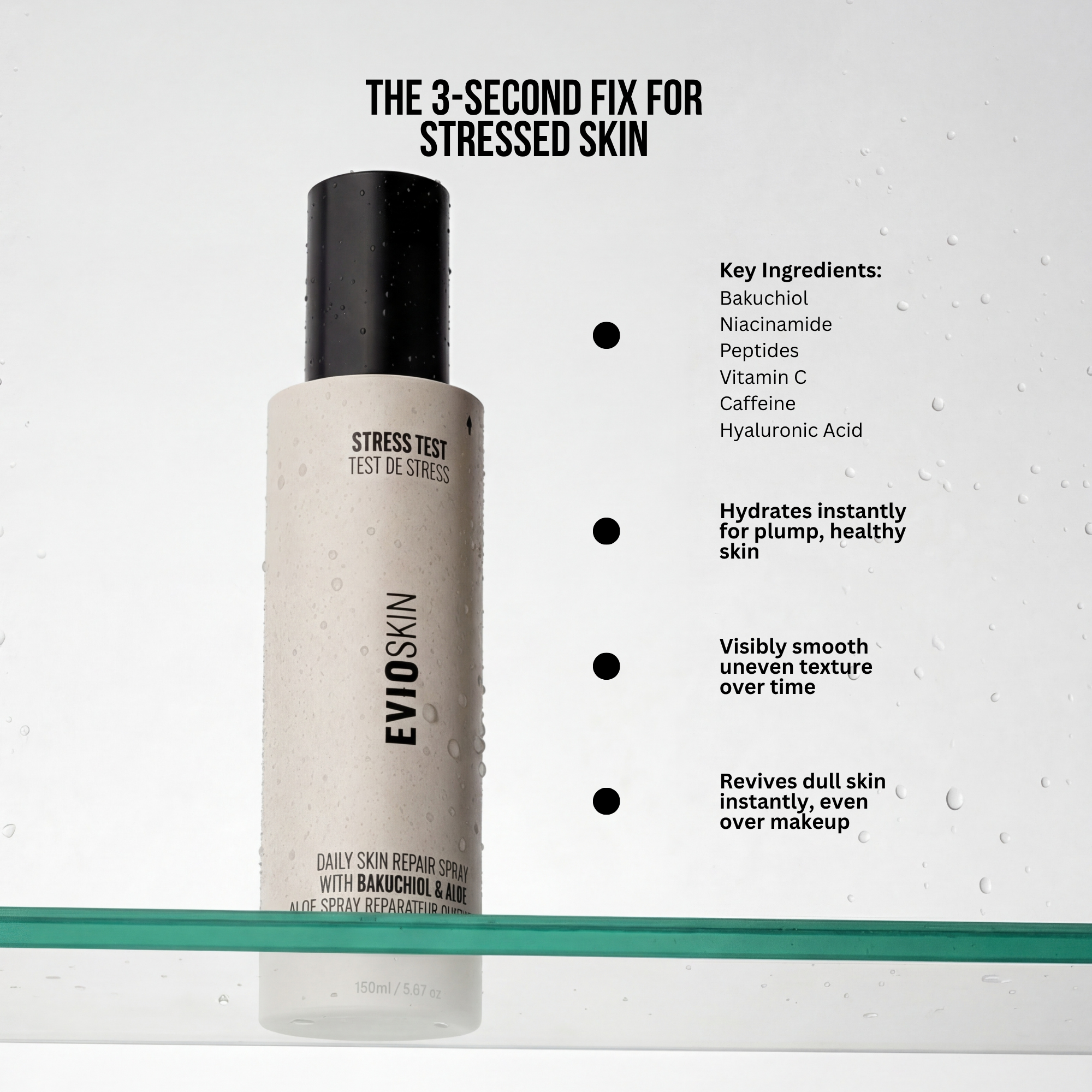 Stress Test Daily Repair Spray hydrates, smooths uneven skin texture and revives dull skin with bakuchiol, niacinamide and peptides