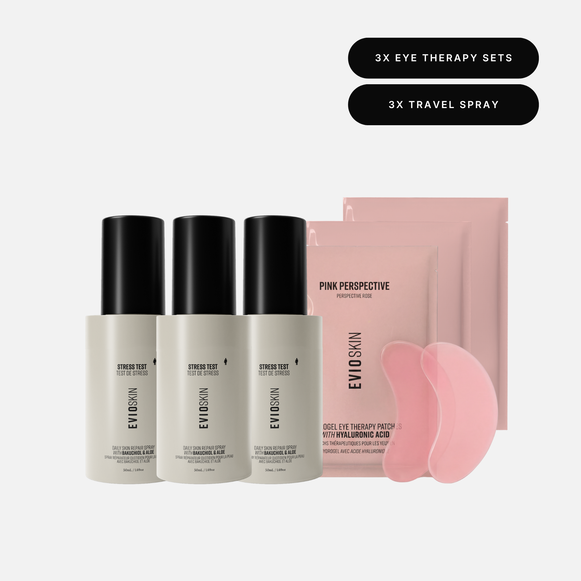 Evio Stress Test Daily Skin Repair Travel bundle with 3x Pink Perspective Hydrogel Eye Therapy sets and 3x travel size Stress Test Daily Repair Sprays