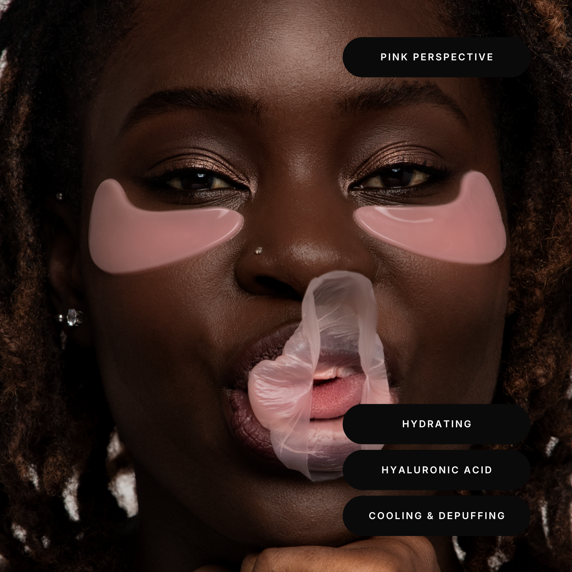 Model wearing Pink Perspective Hydrogel Eye Therapy with hyaluronic acid to hydrate, de-puff and cool