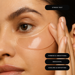 Model wearing Stress Test Hydrogel Eye Therapy with bakuchiol to firm, smooth, de-puff and cool