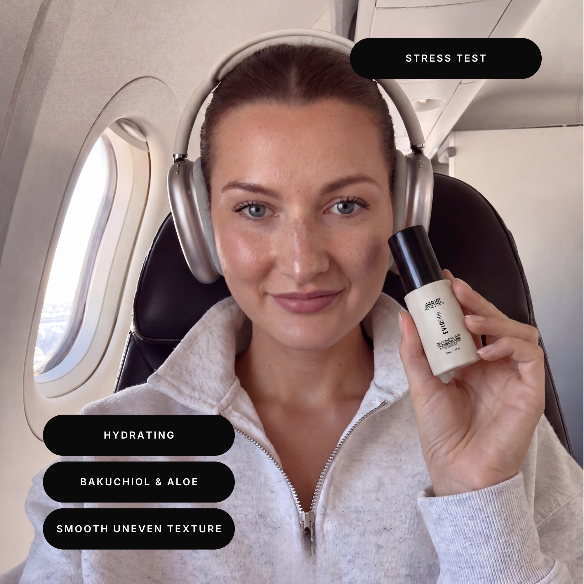 Woman holding Stress Test Daily Repair Spray travel size on flight. Hydrating formula with bakuchiol and aloe to smooth uneven skin texture