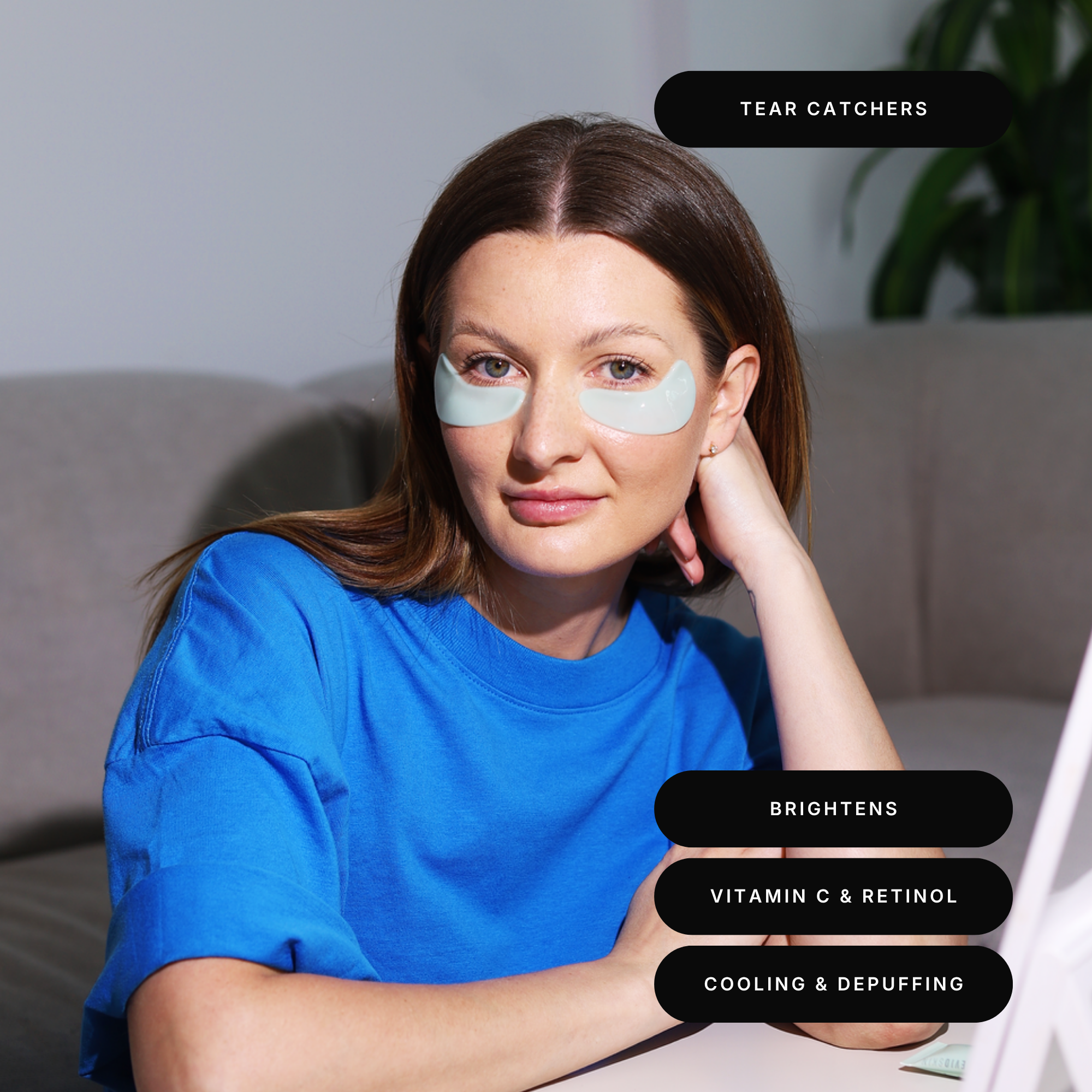 Model wearing Tear Catchers Hydrogel Eye Therapy with vitamin C and retinol to brighten, de-puff and cool