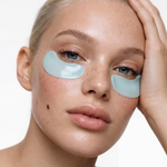 Model wearing Tear Catchers Hydrogel Eye Therapy with vitamin C and retinol